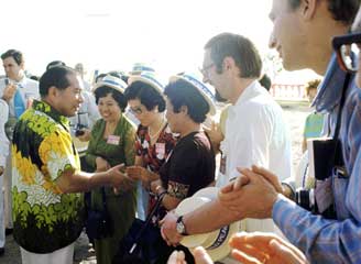 Ikeda greeting participants at the SGI launch in Guam, 1975