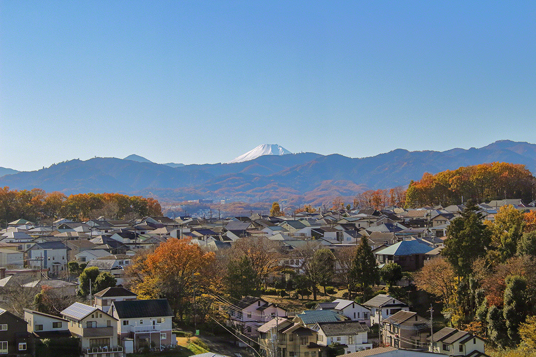 从东京牧口纪念会馆望向躲藏在秋色山丘后雪白的富士山山顶（2021年12月，东京八王子）