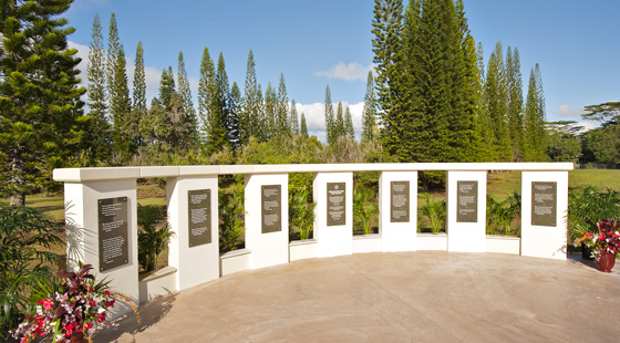 Seven pillar monument with words from 19 eminent peacemakers at Ohana Peace Park