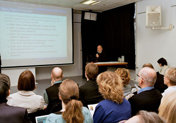 Professor Avery introducing Mr. Ikeda's annual peace proposals